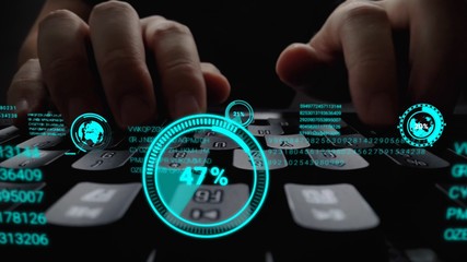 Man working on laptop computer keyboard with graphic user interface GUI hologram showing concepts...
