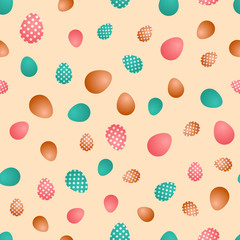Easter vector seamless pattern with colorful eggs on beige backround. Festive, bright stock illustration for wrapping paper, scrapbooking, background, wallpaper, invitations and greeting cards.