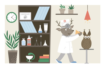 Vector hospital ward. Funny animal doctor checking patients ears in clinic office. Medical interior flat illustration for kids. Health care concept.