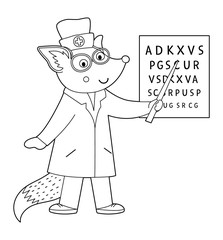 Vector outline animal doctor. Cute funny fox character. Medical coloring page for children. Hospital illustration isolated on white background. .