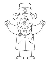 Vector outline bear doctor in medical hat with stethoscope. Cute funny animal character. Medicine coloring page for children. Healthcare icon isolated on white background.