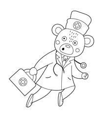 Vector outline bear doctor running with stethoscope and first aid kit. Cute funny animal character. Medicine coloring page for children. Healthcare icon isolated on white background.