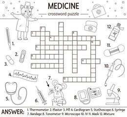 Vector health care outline crossword puzzle. Medicine quiz for children. Educational holiday activity with cute medical equipment and doctor. Fun coloring page for kids.