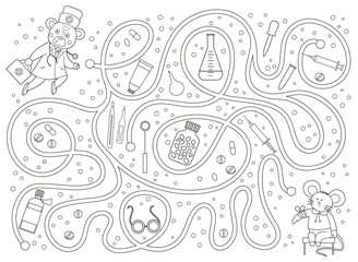 Medical outline maze for children. Preschool medicine activity. Funny puzzle game and coloring page with cute doctor bear, ill mouse, pills, med equipment. Help the doctor get to the patient..