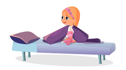 Cartoon Little Girl in Pajamas with Teddy Bear Sit in Bed Vector Illustration. Cute Kid in Sleepwear in Cozy Blanket Pillow. Bedroom Nursery. Good Night Baby. Bedtime Toddler. Pyjamas Clothes