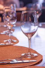 Empty glasses on the table in a restaurant monochrome photo
