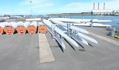 Wind Turbines at harbour Antrim Northern Ireland