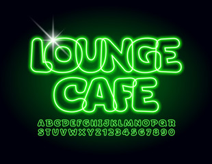 Vector glowing logo Lounge Cafe with green Font. Neon Alphabet Letters and Numbers