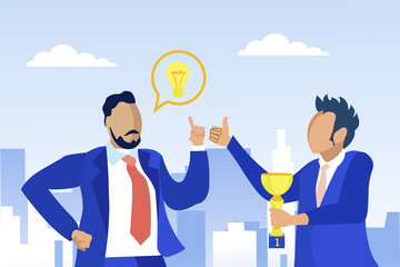 Two Men in Blue Business Suits and Red Ties, Thumbing up, Talking Shop, Sharing Ideas, Results and Achievements, Against Background with Big City, Business Quarter, Office Buildings and Skyscrapers