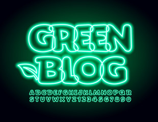 Vector neon logo Green Blog. Glowing modern Font.  Light Alphabet Letters and Number. 