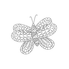 Hand drawn vector illustration. Cute butterfly on a white background, coloring book for children. Simple form in Doodle style.