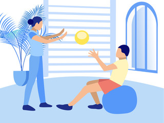 Physiotherapist Playing Ball with Disabled Man on Fitball. Physiotherapeutic Room. Physical Recovery. Warm Up and Workout for Injured People. Rehabilitation. Vector Flat Cartoon Illustration