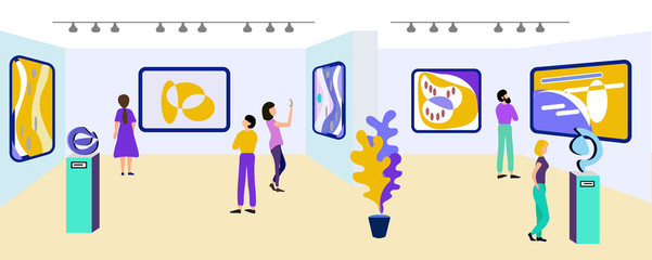 Excursion to Art Gallery or Museum. Modern Abstract Paintings and Creative Compositions. Cartoon People Artwork Lovers Characters Viewing Sculptures, Installations, Pictures. Vector Flat Illustration