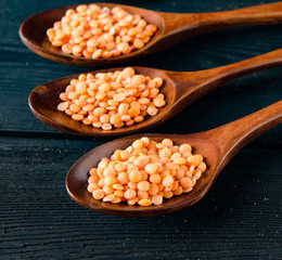 Spoons filled with uncooked lentil for soup