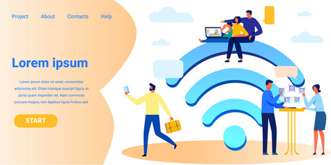 Flat Landing Page Advertising Wi-fi Connection. Cartoon People Characters Making Video Call Wirelessly via Laptop, Smartphone. Man and Woman Performing Smart House Remote Control. Vector Illustration