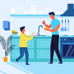 Father and Son do Dishes Flat Vector Illustration. Young Man and Little Boy Cartoon Characters. Child Holding Dirty Bowl, Parent with Dishwashing Detergent and Sponge. Family Housework, Chores