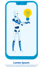 Artificial Intelligence Advice Giver in Smartphone. AI, Bot Application for Tips Mobile Phone Copyspace Template. Idea, Thought Generator Cartoon Illustration. Robotic, Futuristic Character On Screen
