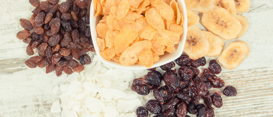 Healthy ingredients containing minerals, carbohydrates and dietary fiber, nutritious eating concept