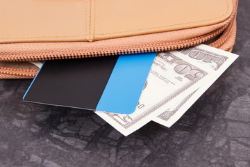 Money, credit card and wallet or purse. Finance and banking