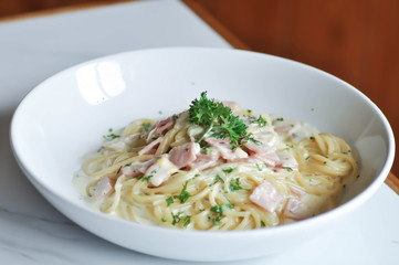 Pasta carbonara or Spaghetti with ham and mushroom