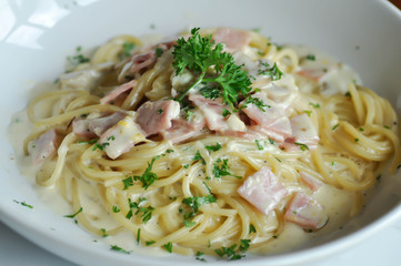 Pasta carbonara or Spaghetti with ham and mushroom