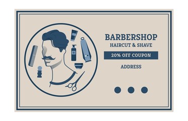 Flyer Barbershop Haircut Shave 20 Percent Flat. Banner Off Coupon Address. Poster Portrait Man with Mustache on Background Tools for Cutting and Styling Hair. Vector Illustration.