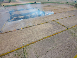 Aerial shot from a drone Burning of agricultural products, concepts of environmental conservation and global warming.