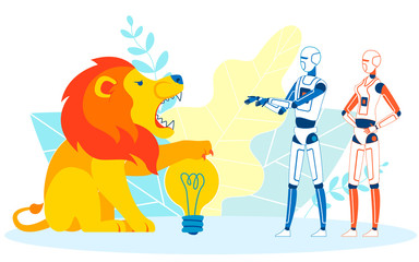Metaphorical Illustration of Firewall Cartoon. Angry, Scary Lion Defending Lightbulb from Robots, Androids Vector. Antivirus Protection from Automated Hacking, Web Scraping Programs