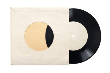 7-inch vinyl record in cardboard cover isolated on white.