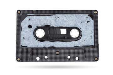 Old audio tape compact cassette isolated on white