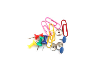 collection of paper clip, pin on white background.