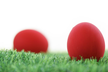 red easter egg on lawn green grass artificial with blank white background