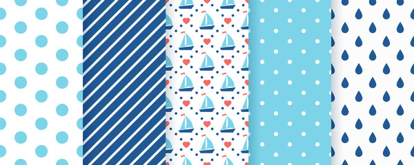 Marine seamless pattern. Vector. Nautical, sea backgrounds with sailboat, polka dots, stripes star and drops. Set summer texture. Geometric blue print for baby shower, scrapbooking. Color illustration