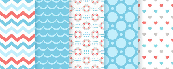 Nautical seamless pattern. Vector. Marine sea backgrounds with Lifebuoy, zigzag, waves and hearts. Set blue summer prints. Geometric texture for baby shower, scrapbooking. Color illustration