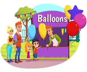 Advertising Flyer Inscription Balloons Cartoon. Poster Amusement Park Standard Area. Dad and Mom Brought Children to Park. Seller Sells Balloons to Children Flat. Vector Illustration.