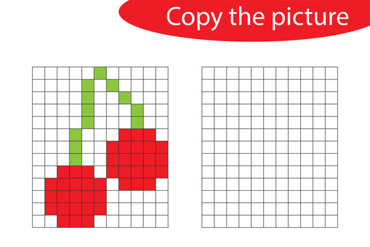 Copy the picture, pixel art, cherry cartoon, drawing skills training, educational paper game for the development of children, kids preschool activity, printable worksheet, vector illustration
