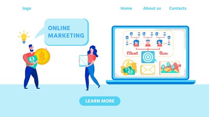 Flat Landing Page with Online Marketing Design. Cartoon Man and Woman Characters Earn Money via Internet. Social Media Development and Mailing. Strategy, Client Base for Business. Vector Illustration