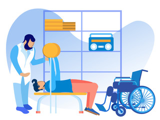 Disabled Man Exercising with Personal Trainer in Rehab Gym Room. Handicapped Male Character Lifting Weights. Physiotherapist and Patient. Rehabilitation Center. Vector Flat Cartoon Illustration