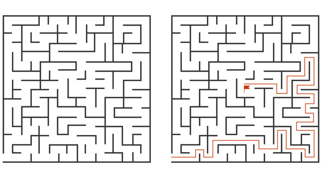 Labyrinth, passage of the maze. Square round maze isolated on white background. Vector, cartoon illustration.