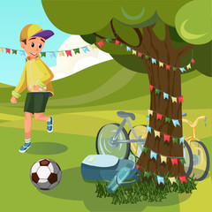 Happy Cartoon Boy Play Football Vector Illustration. Family Picnic Game. Park Tree, Nature Field Lawn. Sport Soccer Player. Teenager Kick Ball Run on Grass Outdoors. Kid Healthy Leisure Hobby