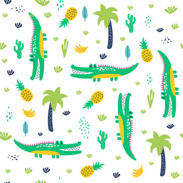 Seamless pattern with crocodile. Kids vector