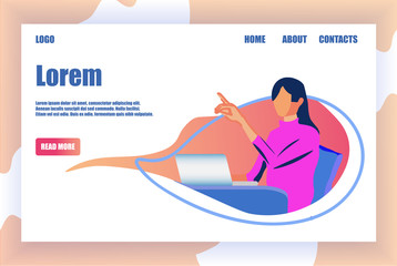 Obraz premium Company Flat Design Landing Page with Office Worker, Freelancer, Call Center Operator, Personal Secretary Cartoon Female Faceless Character Sitting at Laptop. Vector Portrait Illustration