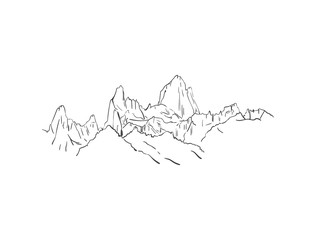 Linear sketch of Fitz Roy mountain massif in Patagonia, Hand drawn vector illustration