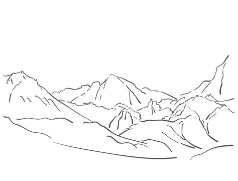 Linear sketch of mountain landscape, Hand drawn vector illustration