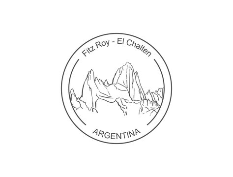 Fitz Roy mountain in Patagonia, Round stamp logo sticker template. Hand drawn vector mountain sketch