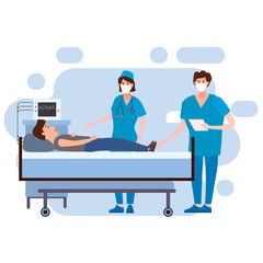 Doctor and nurse in antiviral face mask and patient taking care of patient health in hospital room