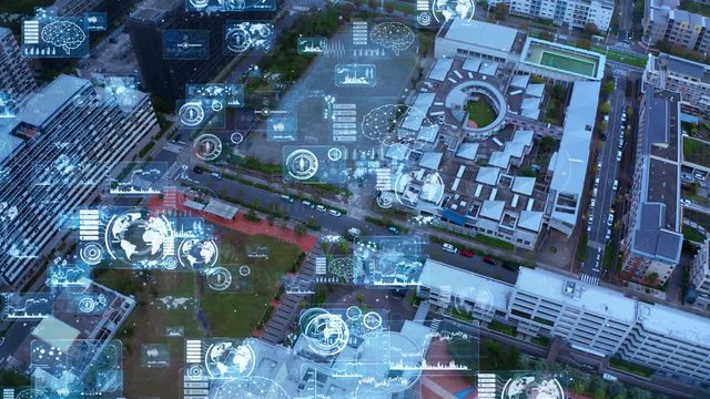 Smart city and communication network concept. 5G. GUI (Graphical User Interface).
