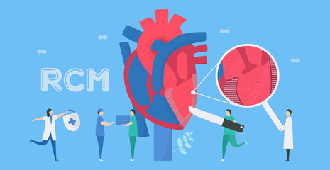 Cardiology vector illustration. This disease calls restrictive cardiomyopathy. Heart is restricted from stretching and filling with blood. Walls of heart are rigid. Flat tiny element EPS10.