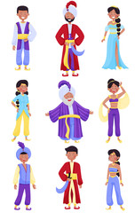 People Characters Wearing East Clothing Vector Illustrations Set