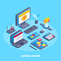 isometric vector image on a blue background, computers and smart devices for working online, browsing the Internet and wireless